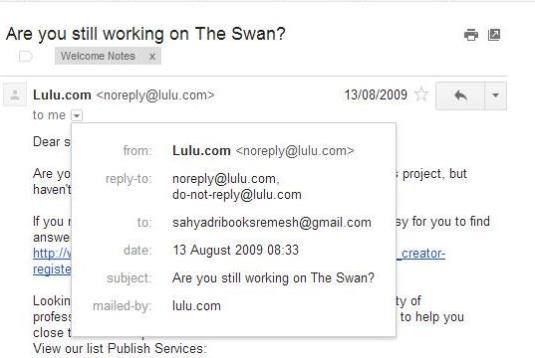 Swan 067 Lulu EMail Letter Dated 13 Aug 2009